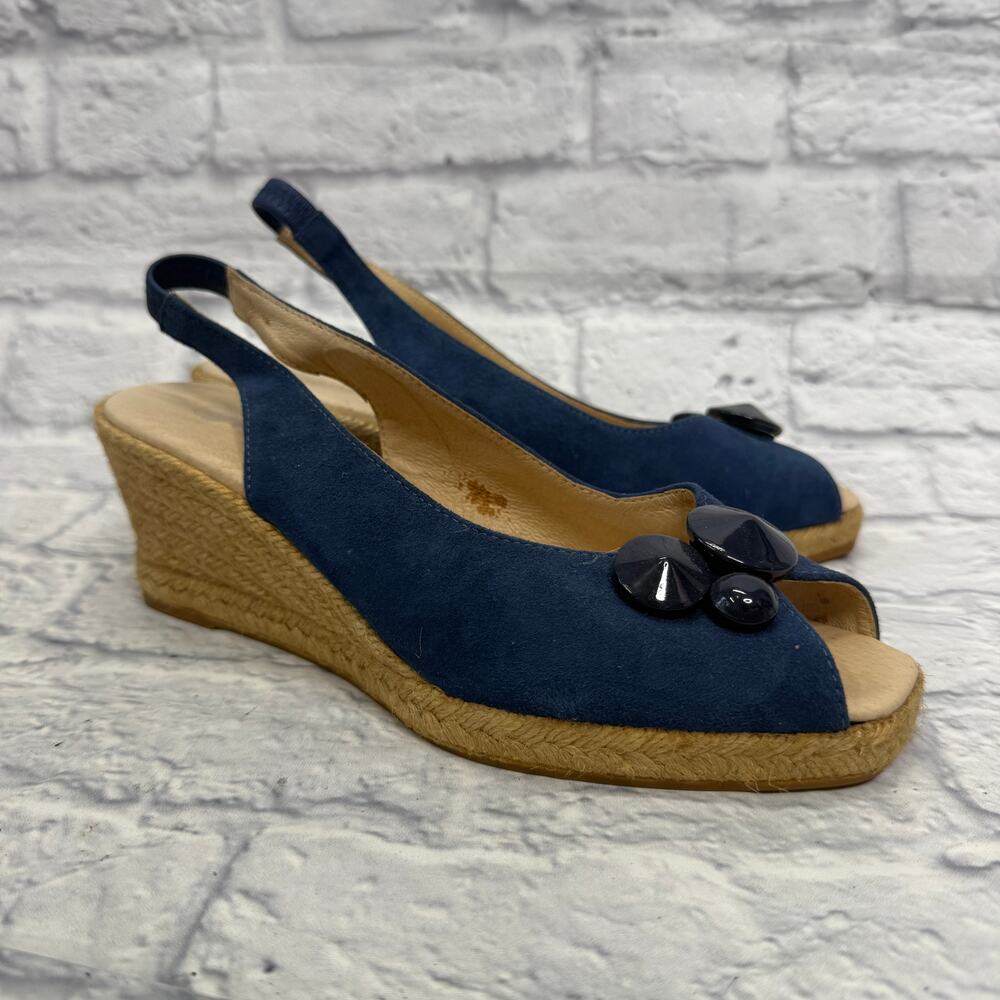 Eric Michael Espadrille Wedge Slingback Sandals Navy Blue Suede Size 39 Beaded